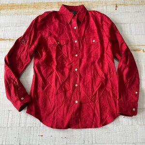 Vintage Lauren Ralph Lauren‎ Red Linen Blouse size Small Button Down Shirt